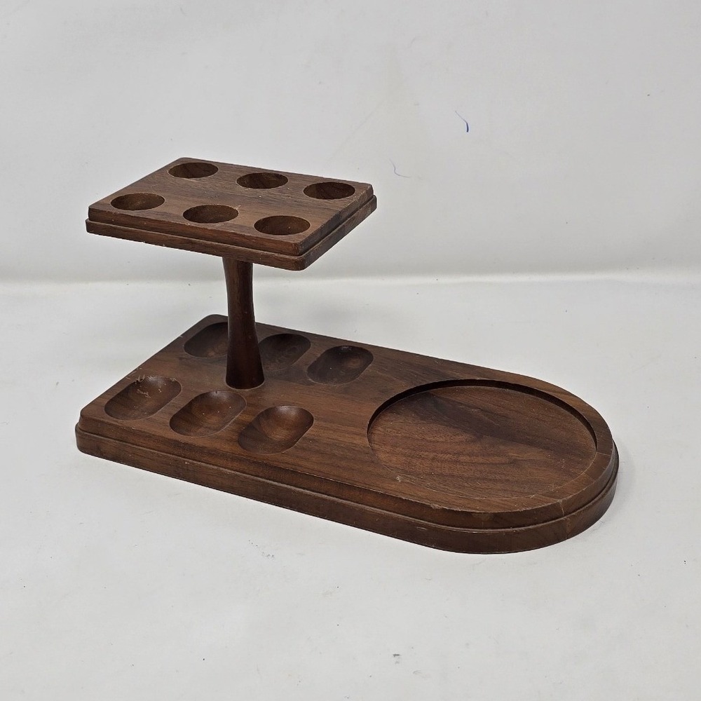 Vtg Decatur Industries walnut wood pipe rack tobacco stand holder‎ mid century